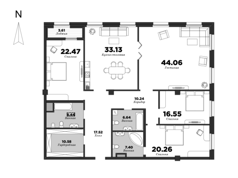 NEVA HAUS, Корпус 2, 4 спальни, 199.1 м² | планировка элитных квартир Санкт-Петербурга | М16